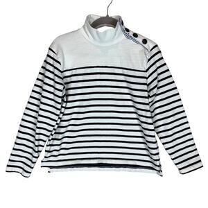 J. CREW Sweatshirt Women's Small White Black Striped Turtleneck Shoulder Button